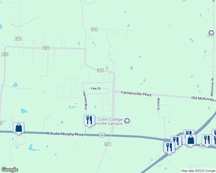 map of restaurants, bars, coffee shops, grocery stores, and more near 1700 Yale Street in Farmersville