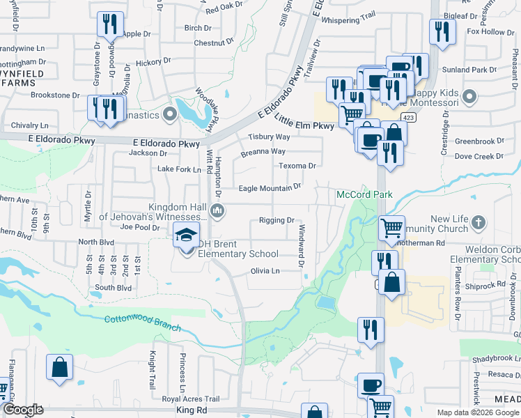 map of restaurants, bars, coffee shops, grocery stores, and more near 2300 Tailburton Court in Little Elm