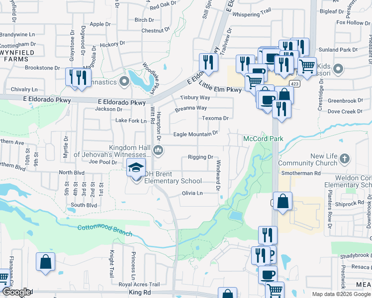 map of restaurants, bars, coffee shops, grocery stores, and more near 2300 Tailburton Court in Little Elm