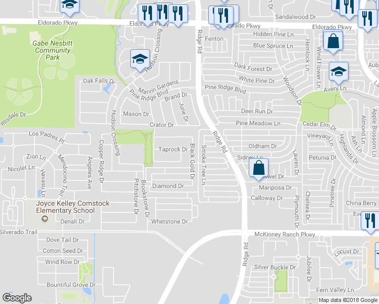map of restaurants, bars, coffee shops, grocery stores, and more near 3500 Black Gold Drive in McKinney