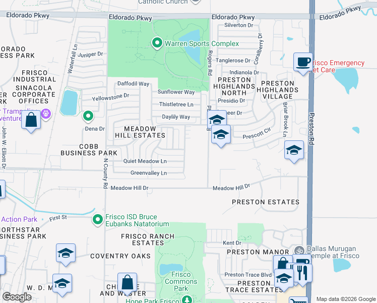 map of restaurants, bars, coffee shops, grocery stores, and more near 10474 Whispering Pines Drive in Frisco