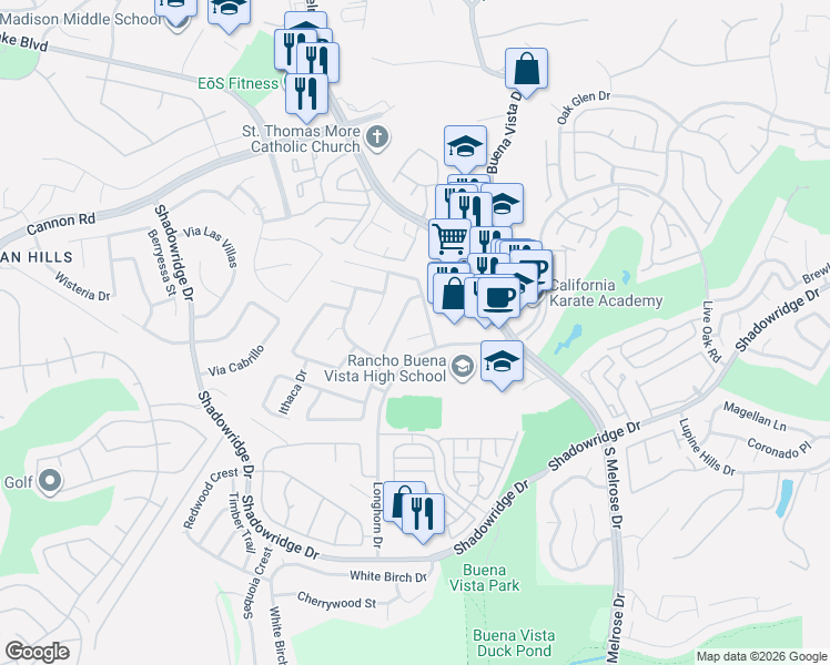 map of restaurants, bars, coffee shops, grocery stores, and more near 1715 Landing Drive in Vista