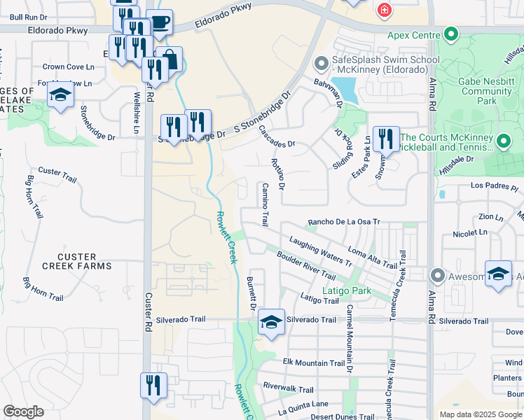 map of restaurants, bars, coffee shops, grocery stores, and more near 3600 Camino Trail in McKinney