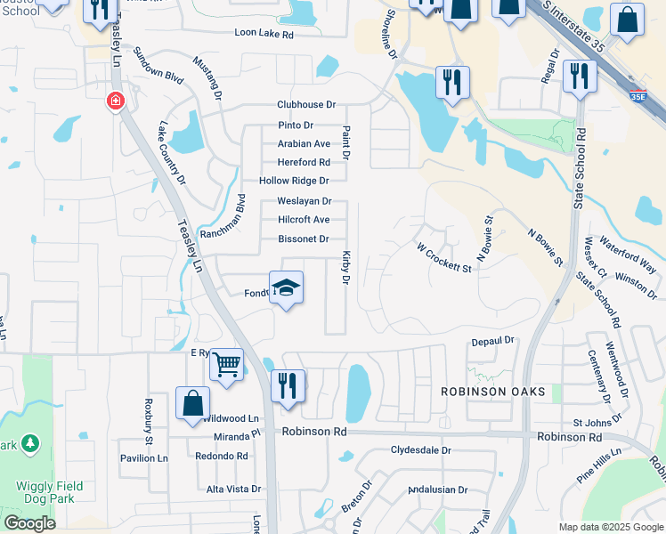 map of restaurants, bars, coffee shops, grocery stores, and more near 3825 Chimney Rock Drive in Denton