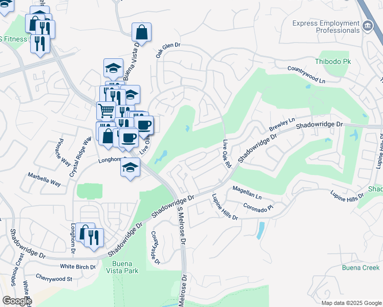 map of restaurants, bars, coffee shops, grocery stores, and more near 1484 Golfcrest Place in Vista