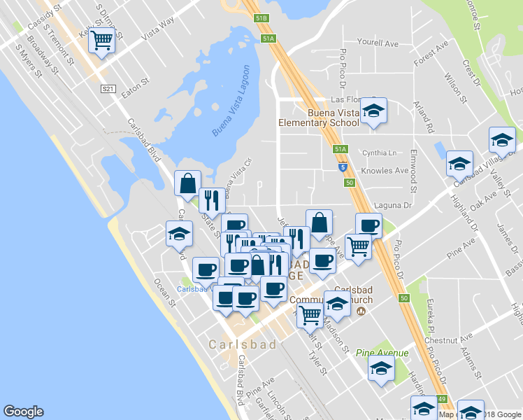 map of restaurants, bars, coffee shops, grocery stores, and more near 755 Laguna Drive in Carlsbad