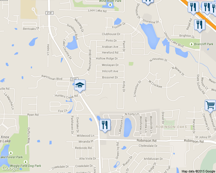 map of restaurants, bars, coffee shops, grocery stores, and more near 3824 Willowick Circle in Denton