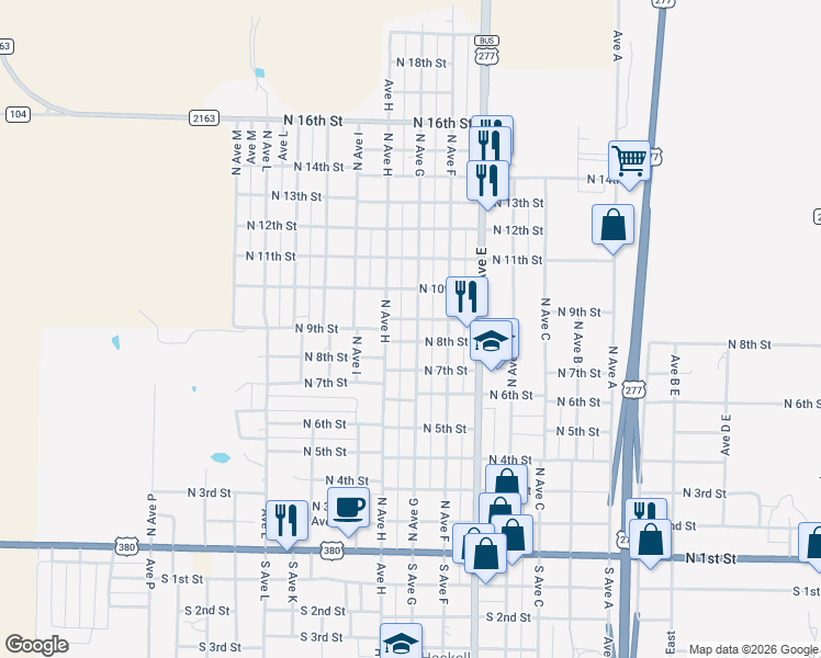 map of restaurants, bars, coffee shops, grocery stores, and more near 805 North Avenue G in Haskell