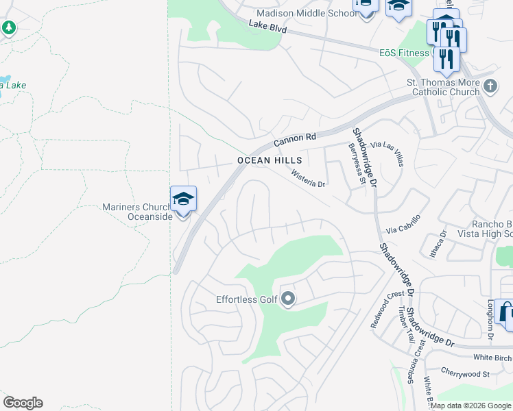 map of restaurants, bars, coffee shops, grocery stores, and more near 4676 Barcelona Way in Oceanside