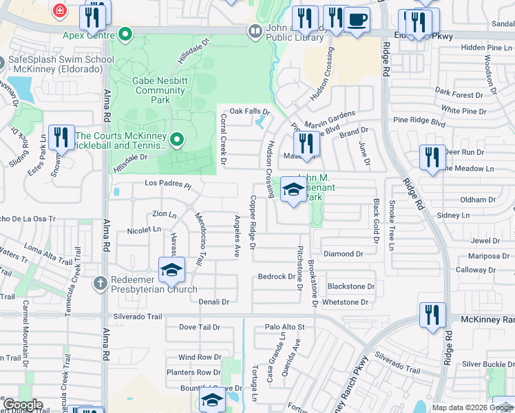 map of restaurants, bars, coffee shops, grocery stores, and more near 3540 Copper Ridge Drive in McKinney