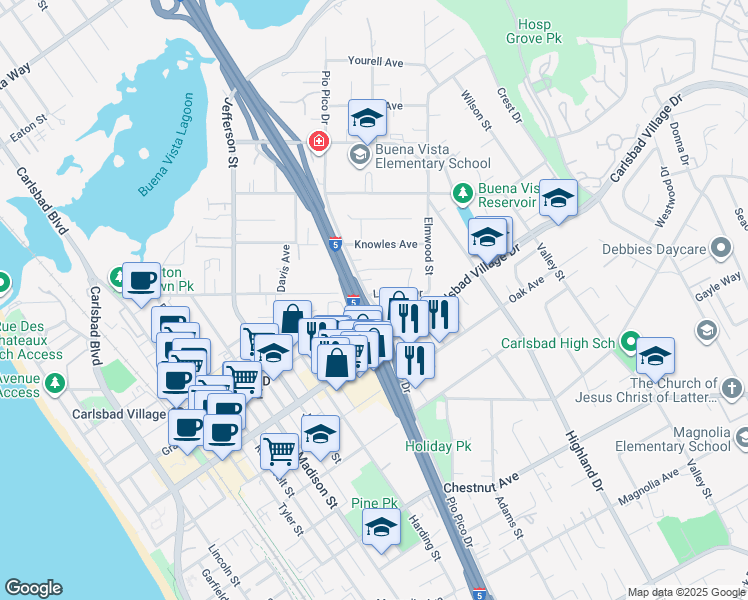 map of restaurants, bars, coffee shops, grocery stores, and more near 2920 Pio Pico Drive in Carlsbad