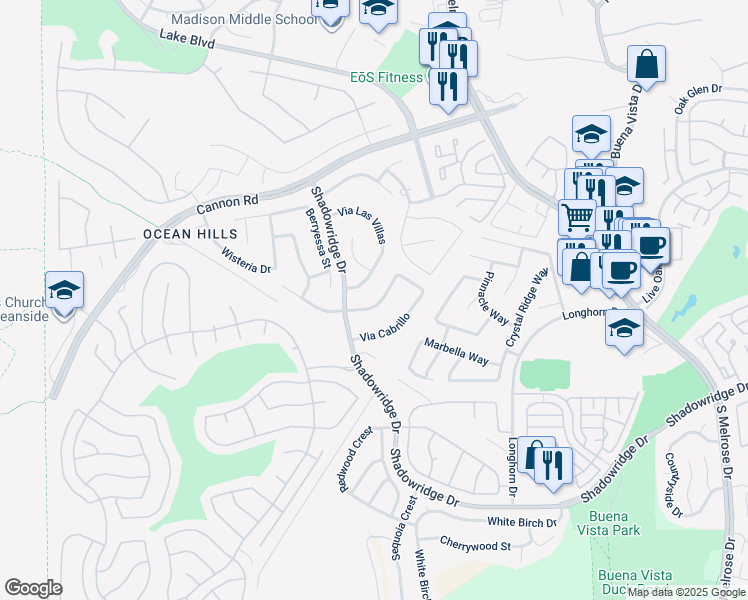 map of restaurants, bars, coffee shops, grocery stores, and more near 3730 Via Del Rancho in Oceanside