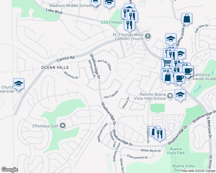 map of restaurants, bars, coffee shops, grocery stores, and more near 3730 Via Del Rancho in Oceanside