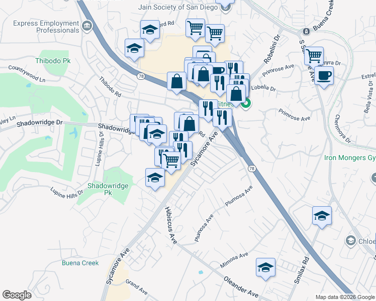 map of restaurants, bars, coffee shops, grocery stores, and more near 742 Shadowridge Drive in Vista