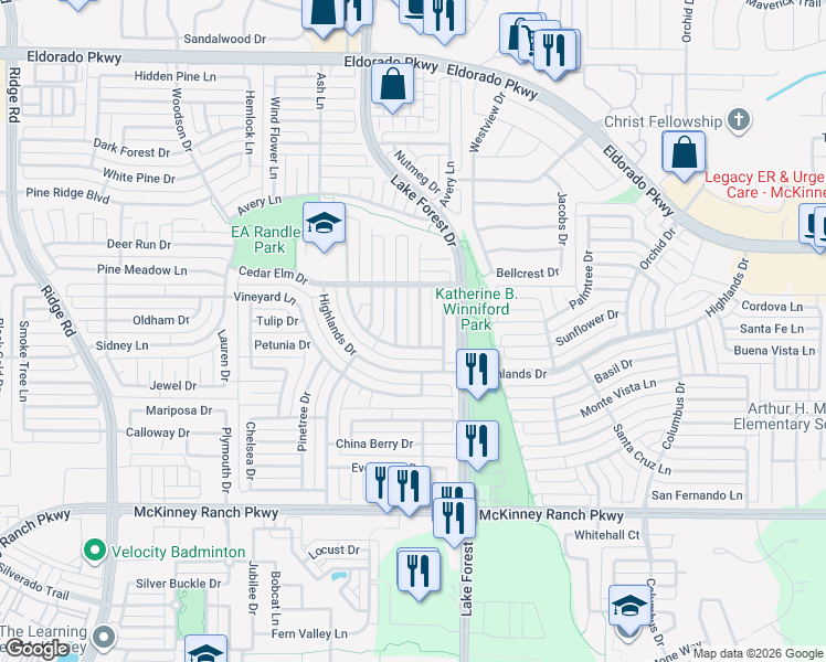 map of restaurants, bars, coffee shops, grocery stores, and more near 3608 Cherry Blossom Lane in McKinney
