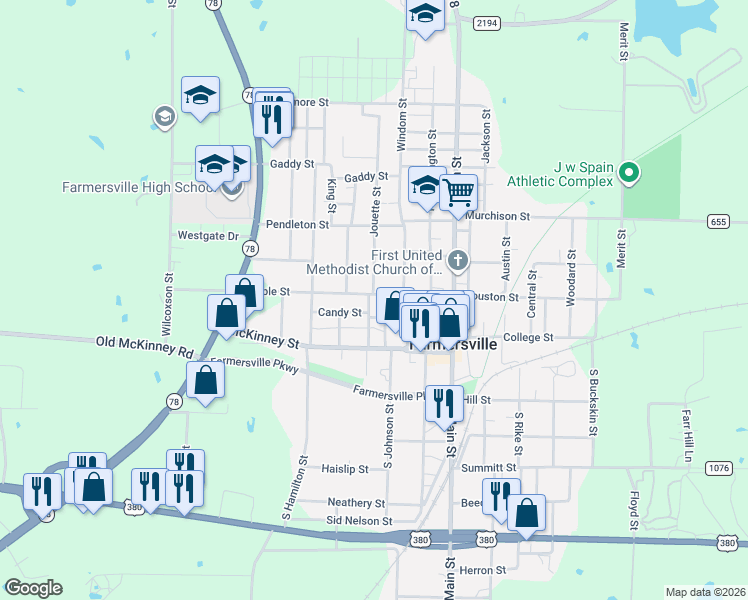map of restaurants, bars, coffee shops, grocery stores, and more near 311 Maple Street in Farmersville