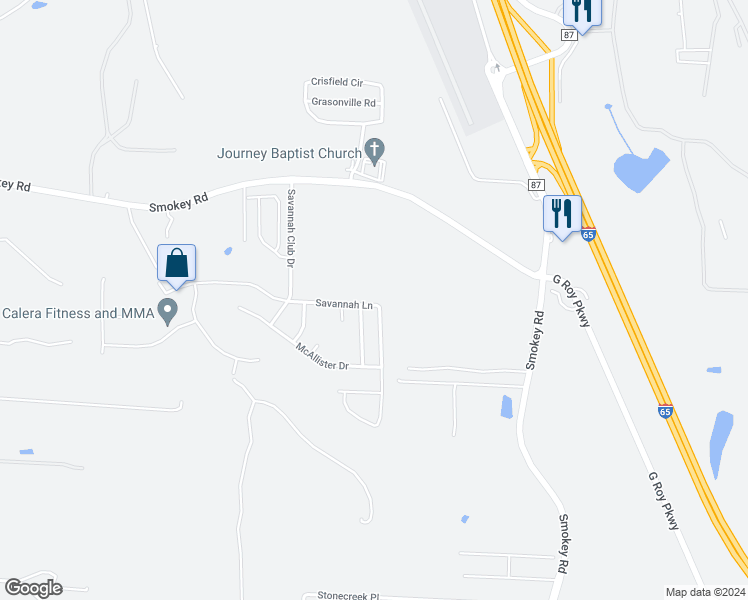 map of restaurants, bars, coffee shops, grocery stores, and more near 899 Savannah Lane in Calera