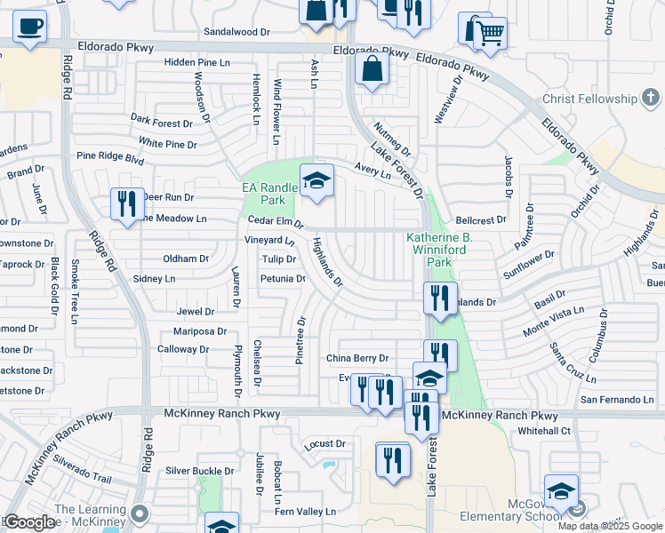 map of restaurants, bars, coffee shops, grocery stores, and more near 5320 Highlands Drive in McKinney