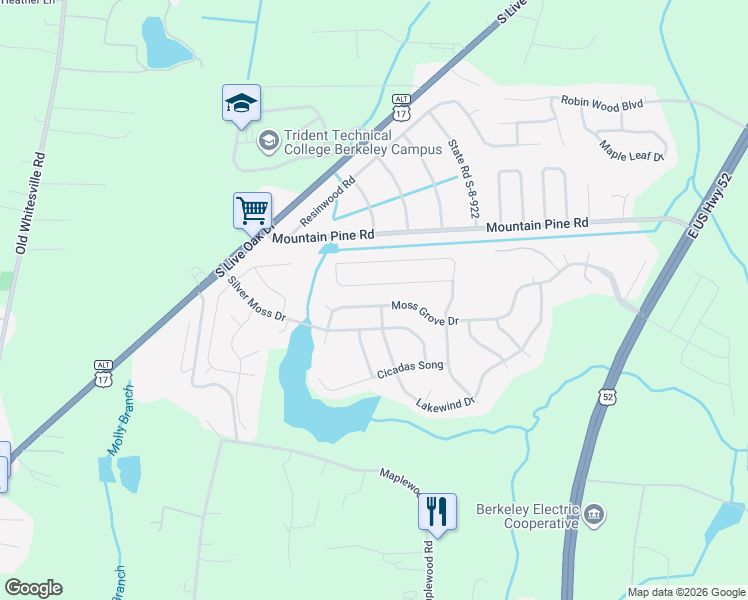 map of restaurants, bars, coffee shops, grocery stores, and more near 1154 Moss Grove Drive in Moncks Corner