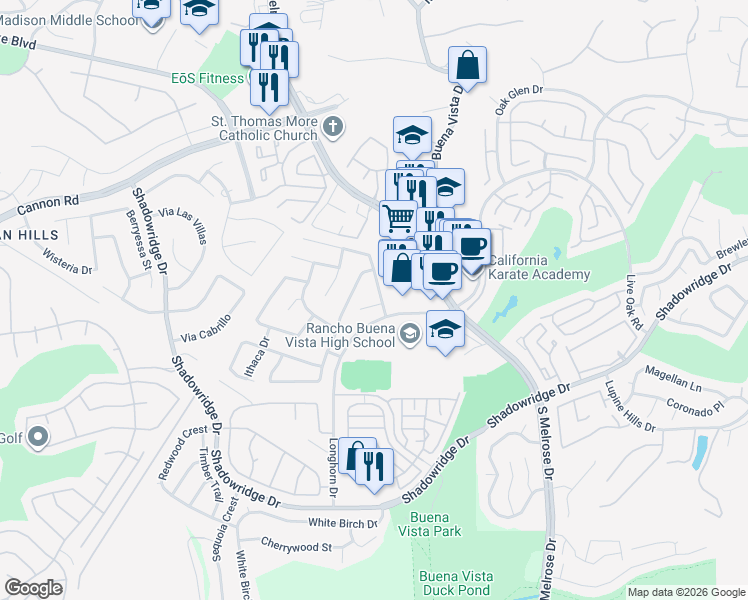 map of restaurants, bars, coffee shops, grocery stores, and more near 1707 Landing Drive in Vista