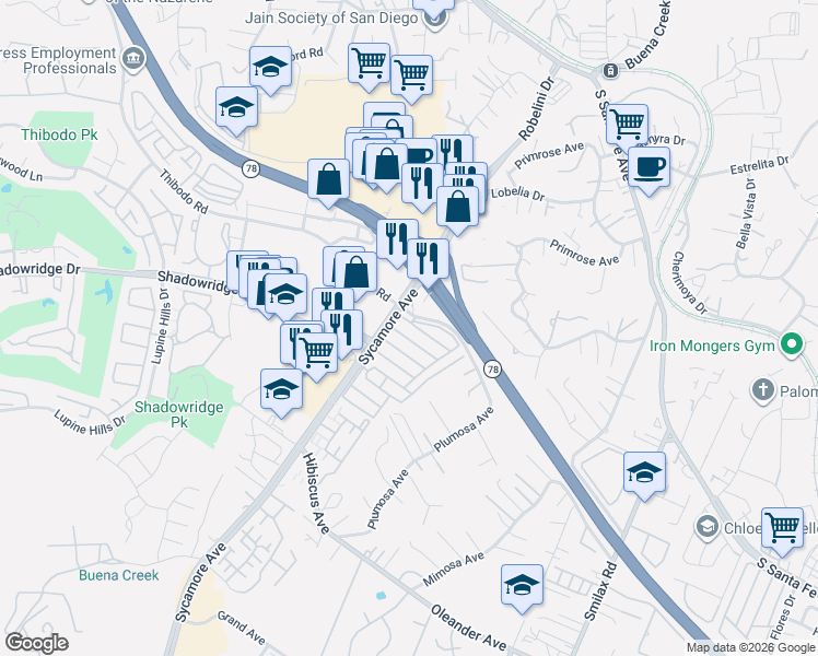 map of restaurants, bars, coffee shops, grocery stores, and more near 46 Sycamore Avenue in Vista