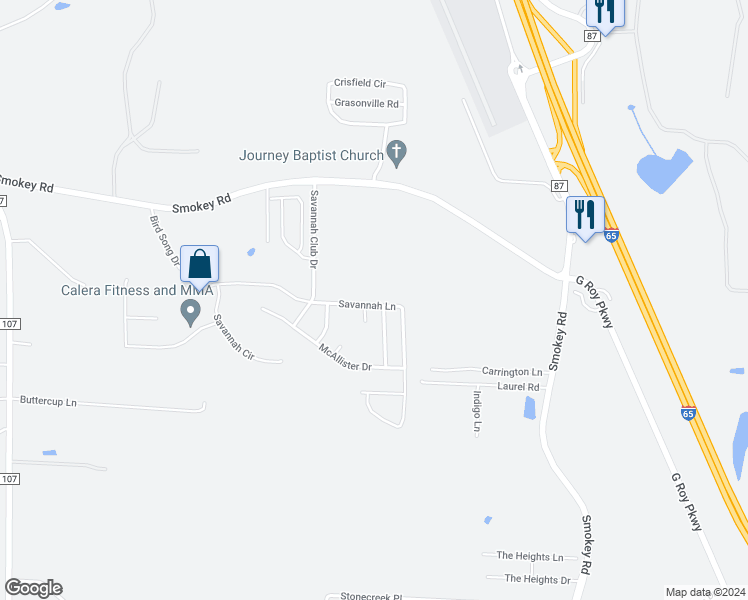 map of restaurants, bars, coffee shops, grocery stores, and more near 861 Savannah Lane in Calera