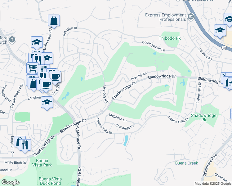 map of restaurants, bars, coffee shops, grocery stores, and more near 1985 Revere Court in Vista