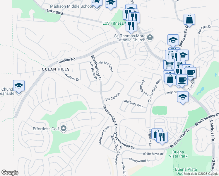 map of restaurants, bars, coffee shops, grocery stores, and more near 3734 Via Del Rancho in Oceanside