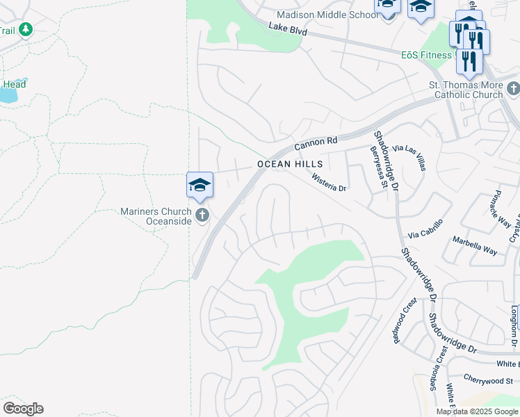 map of restaurants, bars, coffee shops, grocery stores, and more near 4667 Cordoba Way in Oceanside