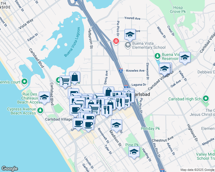 map of restaurants, bars, coffee shops, grocery stores, and more near 975 Laguna Drive in Carlsbad
