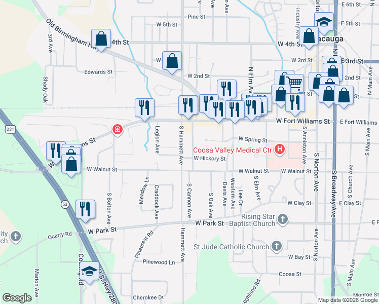 map of restaurants, bars, coffee shops, grocery stores, and more near 112 South Hammett Avenue in Sylacauga