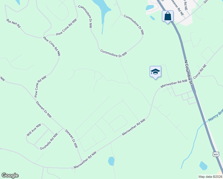 map of restaurants, bars, coffee shops, grocery stores, and more near 632 Meriwether Road Northwest in Milledgeville