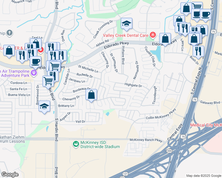 map of restaurants, bars, coffee shops, grocery stores, and more near 2511 Saint Remy Drive in McKinney