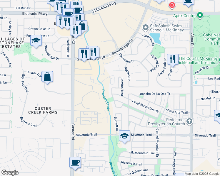 map of restaurants, bars, coffee shops, grocery stores, and more near 3600 Blanco Creek Trail in McKinney