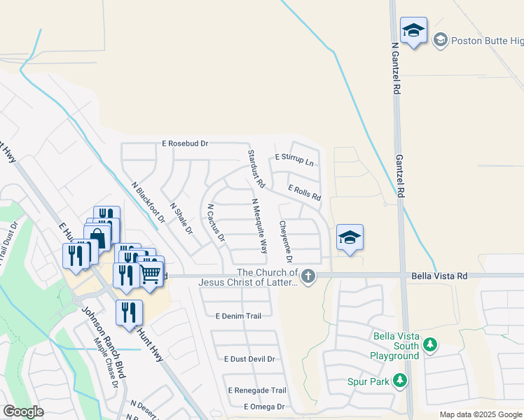 map of restaurants, bars, coffee shops, grocery stores, and more near 31471 North Mesquite Way in Queen Creek