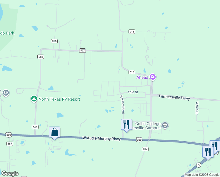 map of restaurants, bars, coffee shops, grocery stores, and more near 325 County Road 610 in Farmersville