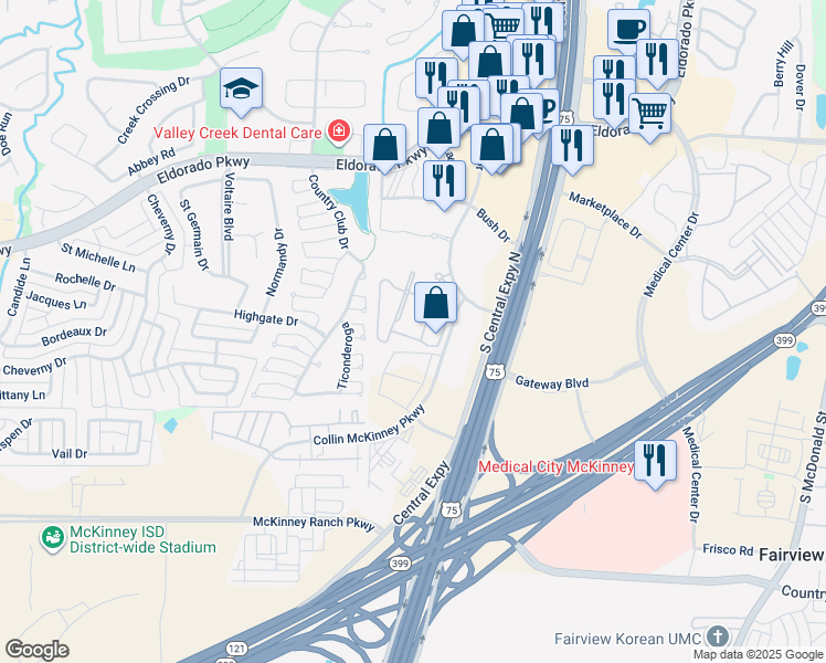 map of restaurants, bars, coffee shops, grocery stores, and more near 3400 Craig Drive in McKinney