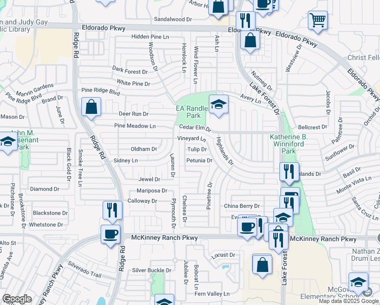map of restaurants, bars, coffee shops, grocery stores, and more near 5609 Tulip Drive in McKinney