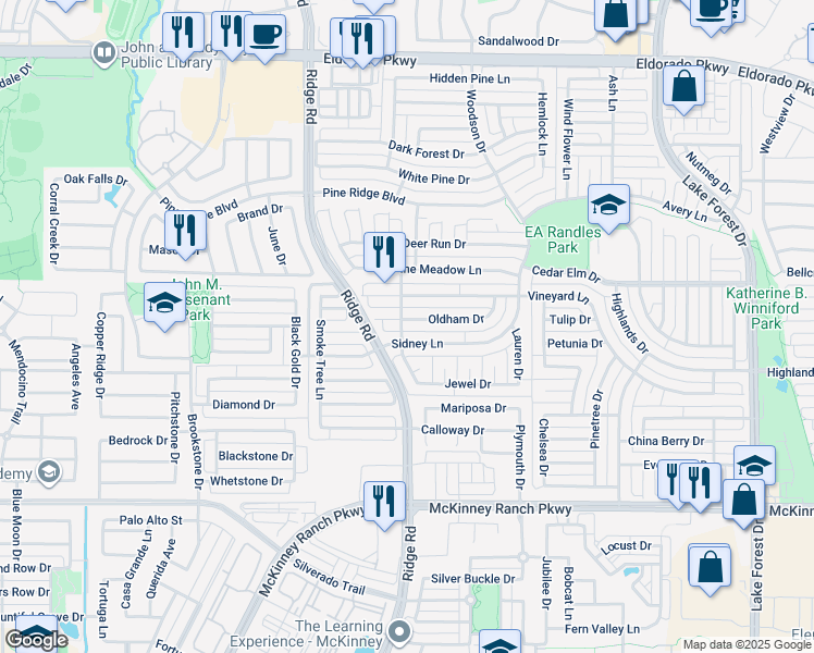 map of restaurants, bars, coffee shops, grocery stores, and more near 6021 Oldham Drive in McKinney
