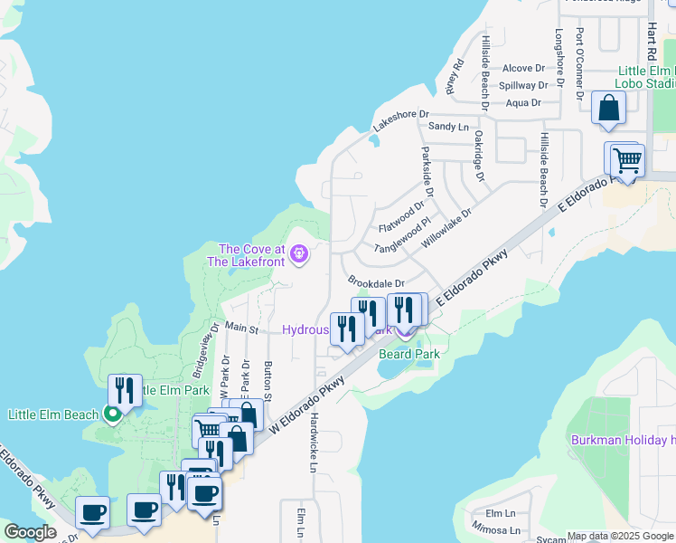 map of restaurants, bars, coffee shops, grocery stores, and more near 212 Brookdale Drive in Little Elm