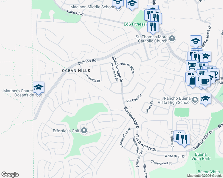 map of restaurants, bars, coffee shops, grocery stores, and more near 5266 Candlelight Street in Oceanside
