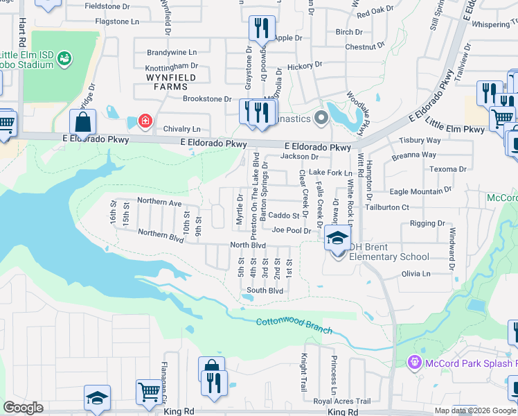 map of restaurants, bars, coffee shops, grocery stores, and more near 1820 Barton Springs Drive in Little Elm