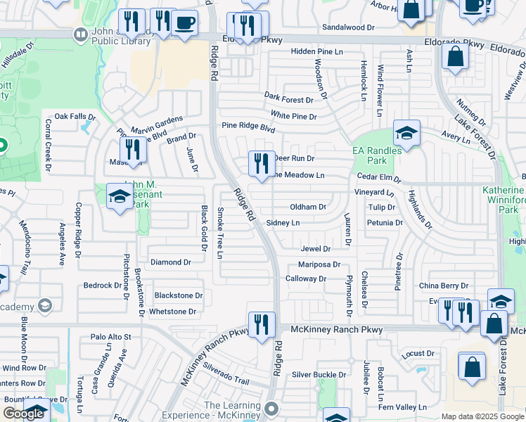 map of restaurants, bars, coffee shops, grocery stores, and more near 6021 Oldham Drive in McKinney