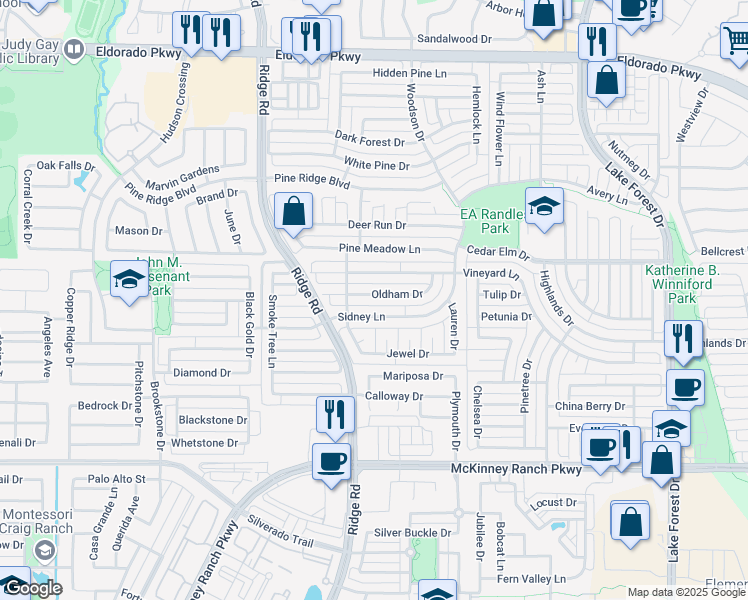 map of restaurants, bars, coffee shops, grocery stores, and more near 6001 Oldham Drive in McKinney