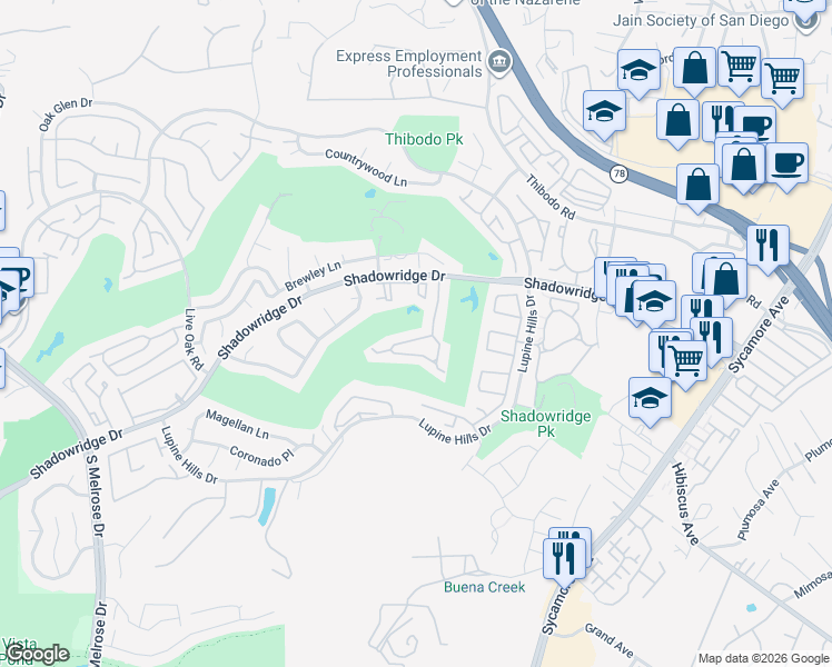 map of restaurants, bars, coffee shops, grocery stores, and more near 1746 Spyglass Circle in Vista