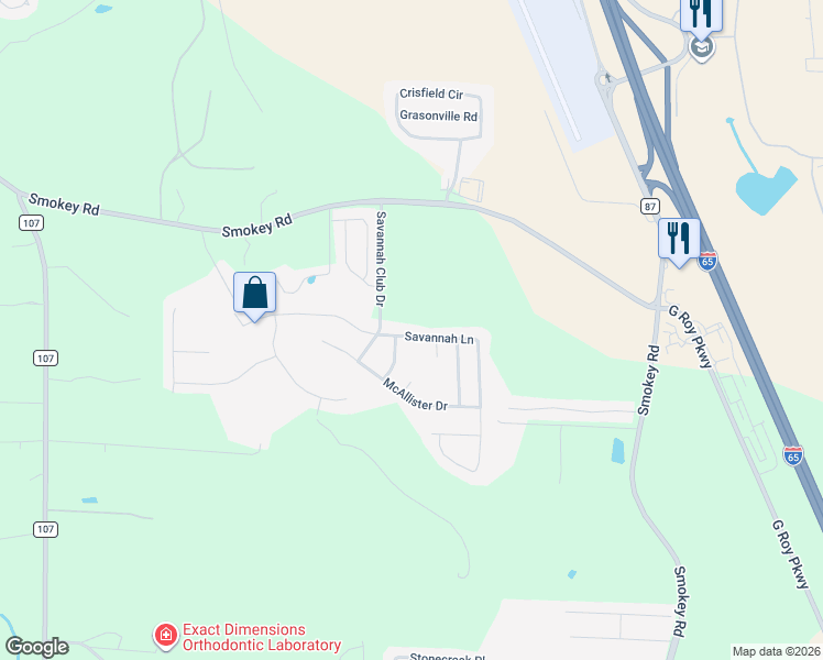map of restaurants, bars, coffee shops, grocery stores, and more near 813 Savannah Lane in Calera