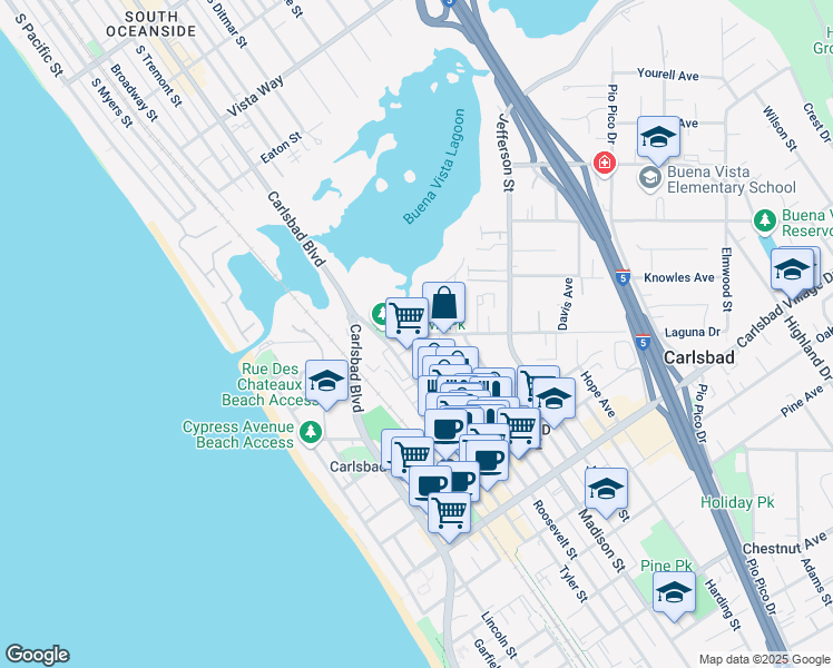 map of restaurants, bars, coffee shops, grocery stores, and more near 577 Laguna Drive in Carlsbad