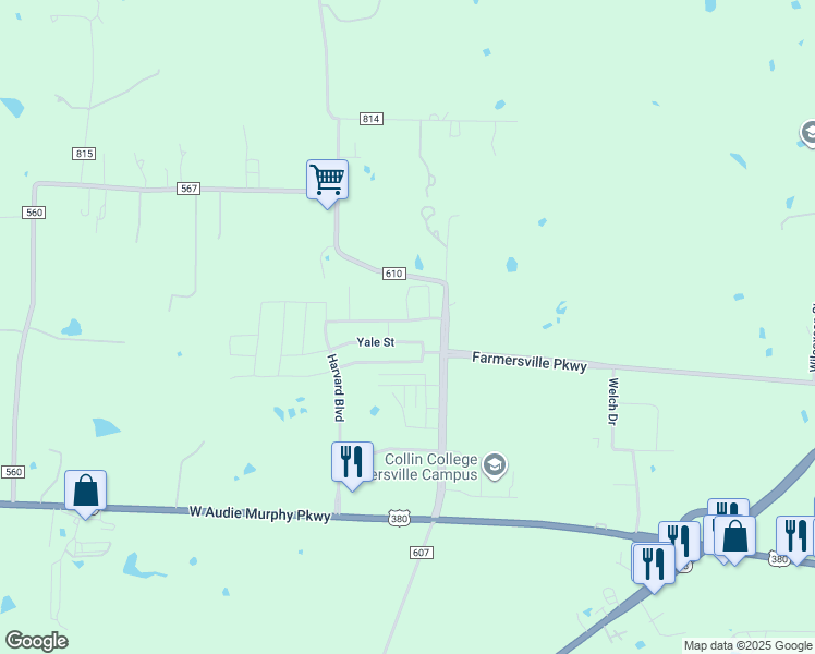 map of restaurants, bars, coffee shops, grocery stores, and more near 1710 Yale Street in Farmersville