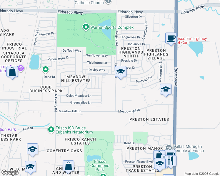 map of restaurants, bars, coffee shops, grocery stores, and more near 10474 Whispering Pines Drive in Frisco