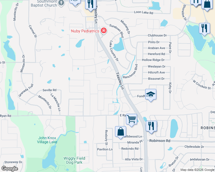map of restaurants, bars, coffee shops, grocery stores, and more near 2201 Corsair Lane in Lake Dallas